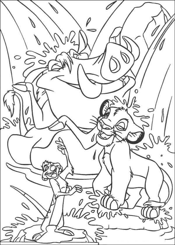 Simba, Timon i Pumba pod wodospadem kolorowanka do druku